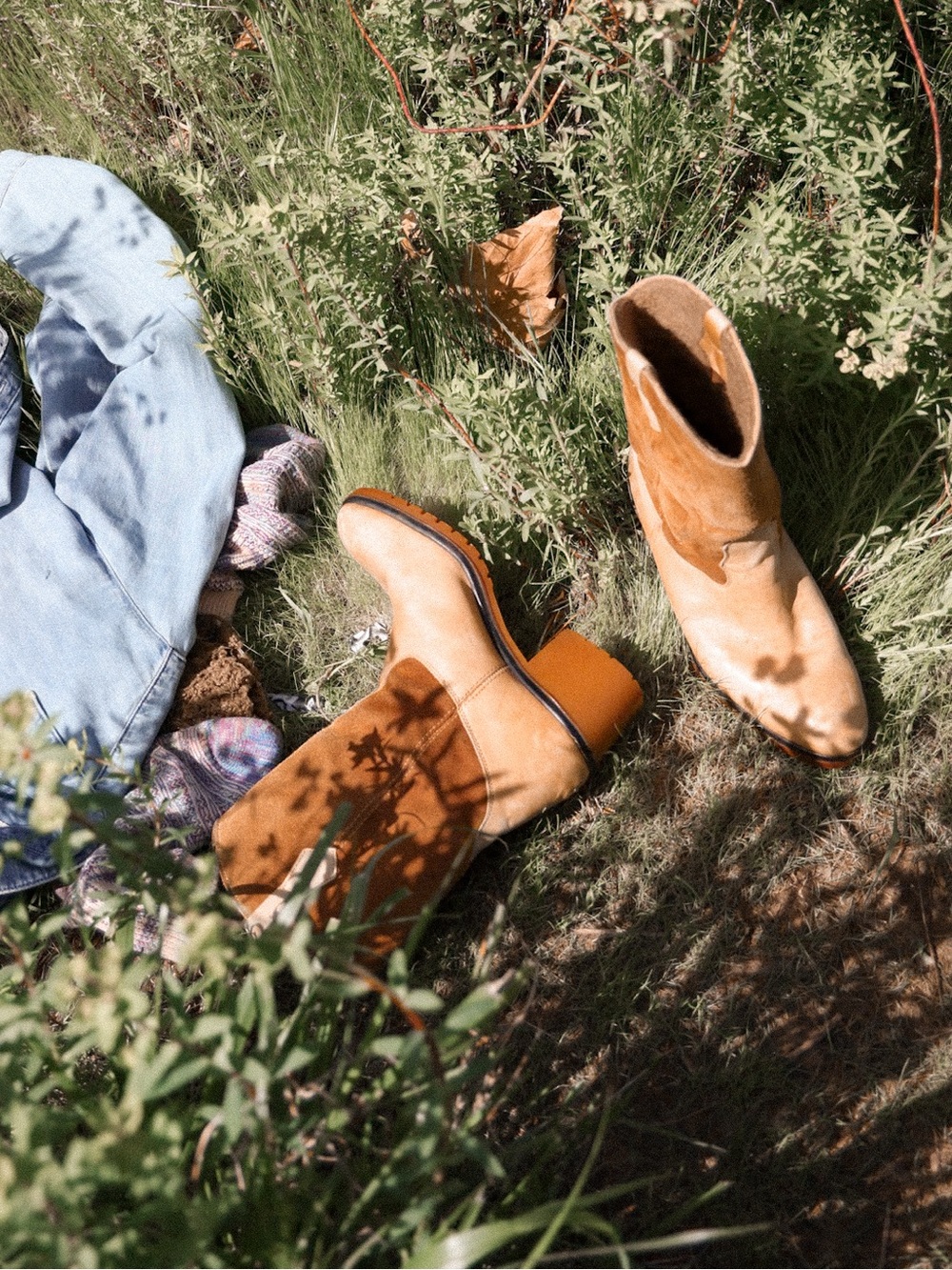 Vintage Two Tone Tan Leather Suede Lug Sole Western Boots
